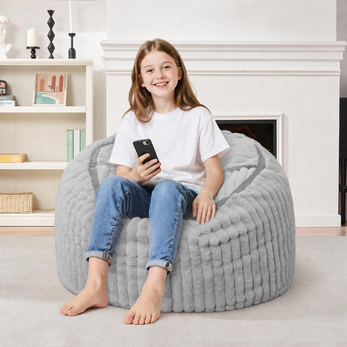 2FT Bean Bag Chair 2'Bean Bag Chairs with Memory Foam Filled Small Bean Bag | Bean bags with Machine Washable Cover Corded Plush Fabric, Comfy Chairs for Living Room, Bedroom, Dorm, Lightgrey