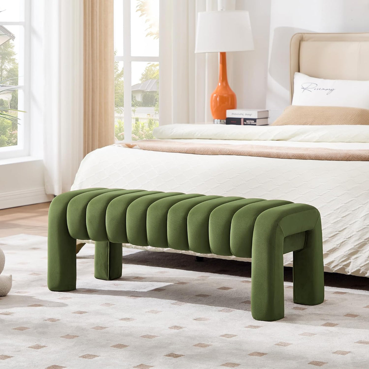 43.3” Dining Room Bench, Olive Green Tufted Upholstered End of Bed Bench, Modern Entryway Ottoman Window Seat with Solid Wood Legs and Padded Seat for Bedroom, Hallway and Living Room (Velvet)