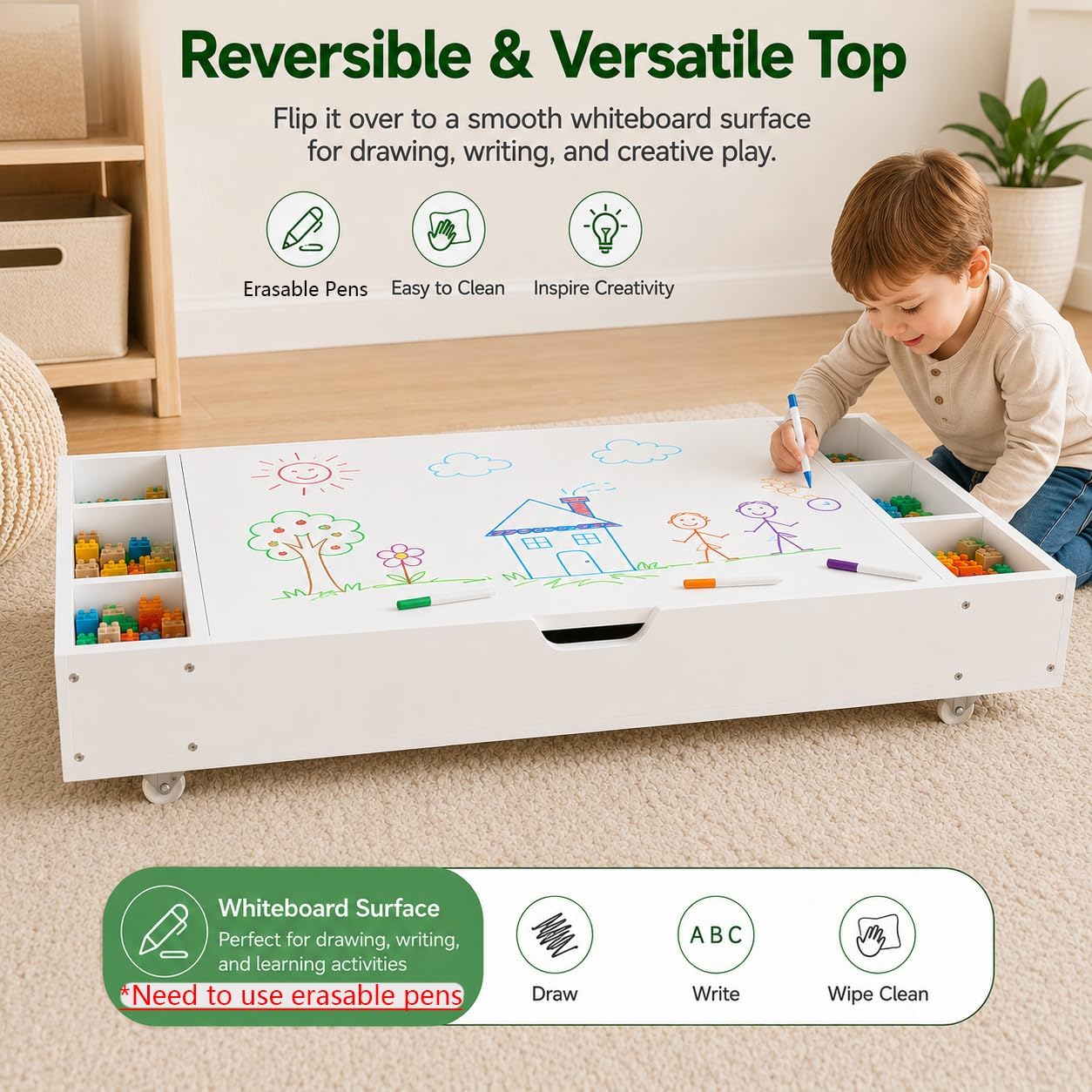 Kids Building Block Table, 3-in-1 Whiteboard Road Map with Storage | Kids Activity Table With 11 Detachable Storage Partitions, Removable Wheels And Low-Profile Under-Bed Or Sofa Design