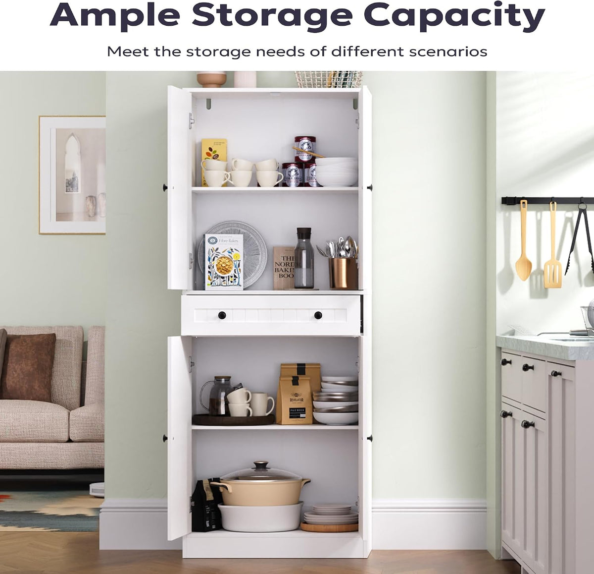 Furnify 71" Tall Kitchen Pantry Storage Cabinet with Doors & Drawer, White | Farmhouse Freestanding Cupboard with Adjustable Shelves, Rustic Wood Pantry for Dining Room Living Room