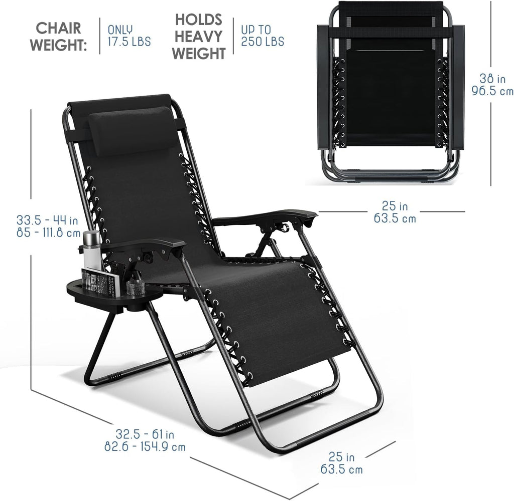 Nestl Zero Gravity Chairs Set of 4, Patio Lounge Chair Outdoor with Pillows & Cup Holder Trays, Adjustable Steel Mesh Reclining Camping Chair, Folding Patio Lawn Chair for Deck, Beach, Yard - Black