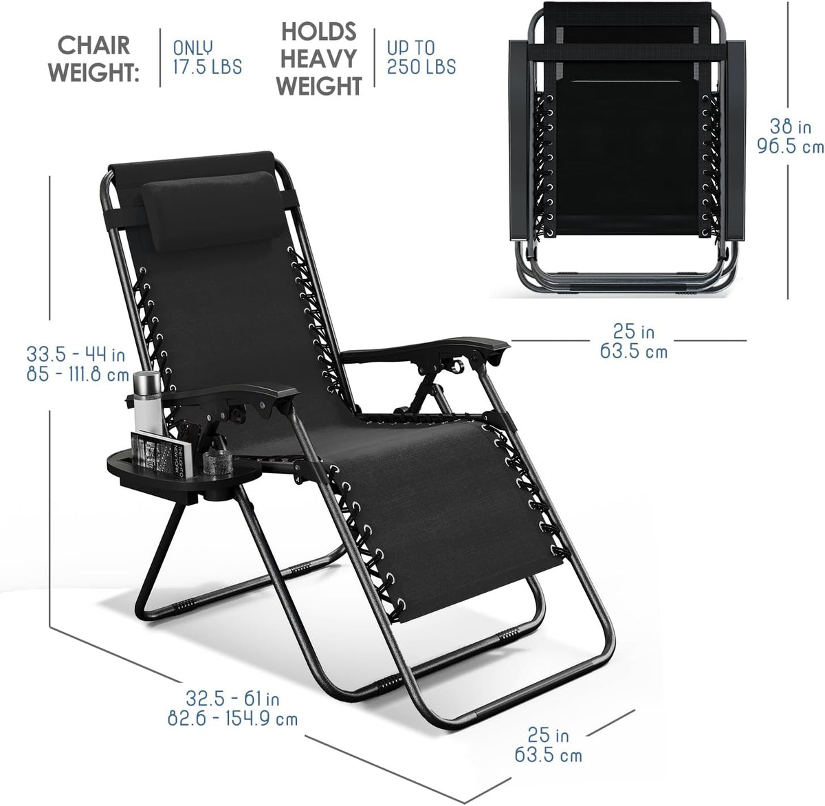 Nestl Zero Gravity Chairs Set of 4, Patio Lounge Chair Outdoor with Pillows & Cup Holder Trays, Adjustable Steel Mesh Reclining Camping Chair, Folding Patio Lawn Chair for Deck, Beach, Yard - Black