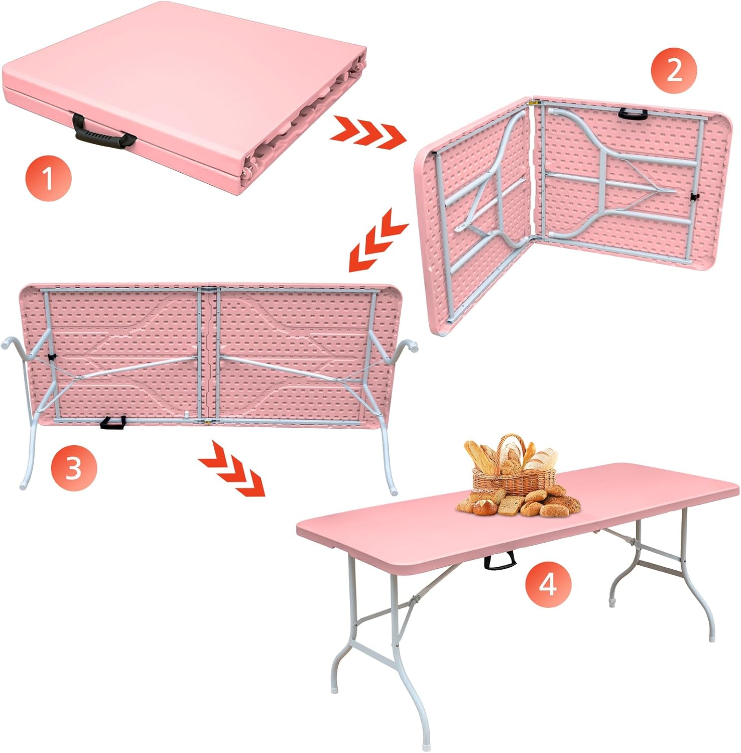 Portable 6Ft Plastic Folding Table, Heavy Duty 6ft Fold-in-Half Table with Carrying Handle, 6' Folding Utility Foldable Table for Picnic Party Camping Kitchen, Indoor/Outdoor (White)