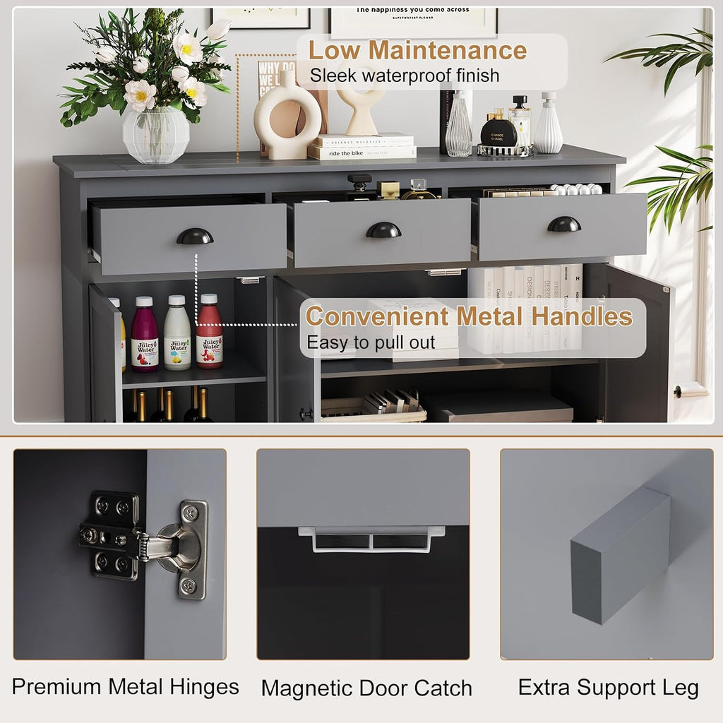 Sideboard Buffet Cabinet with Storage, 53.5” Large Kitchen Cupboard with 3 Drawers, Adjustable Shelf, Credenzas for Living Room, Wooden Coffee Bar Console Table for Dining Room (Grey)