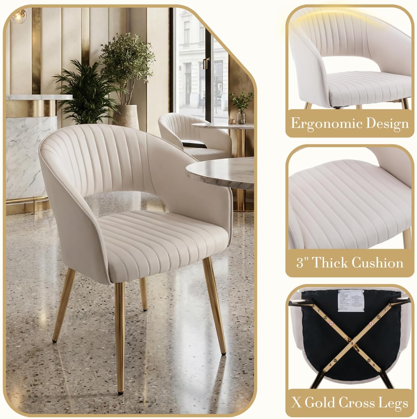 Modern Dining Chairs Set of 4, Upholstered PU Leather Dining Room Chairs with Gold Metal Legs, Accent Kitchen Chairs with Curved Backrest for Living Room, Cream