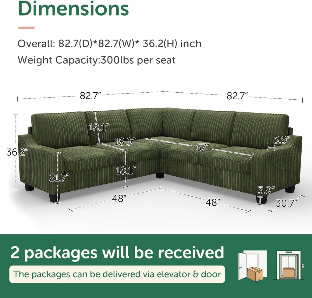 HONBAY Corduroy Convertible Sectional Sofa L Shaped Corner Couch,Green | Compact Sofa,Reversible Sectional Couches for Living Room,Wide Corduroy Fabric,Easy to transport and install