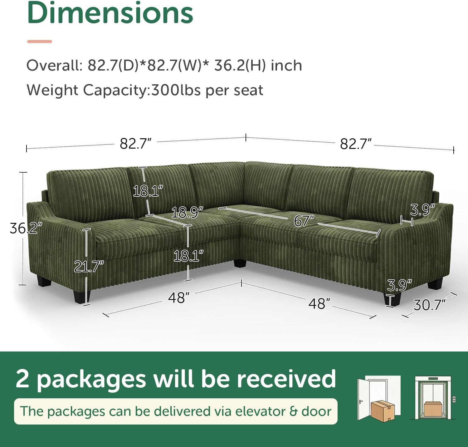 HONBAY Corduroy Convertible Sectional Sofa L Shaped Corner Couch,Green | Compact Sofa,Reversible Sectional Couches for Living Room,Wide Corduroy Fabric,Easy to transport and install