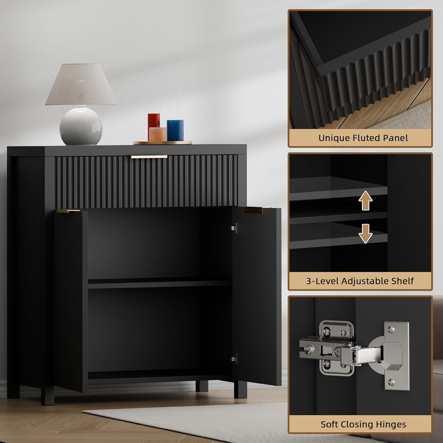 YaFiti Storage Cabinet Fluted Sideboard Buffet Cabinet with Adjustable Shelves & Quality Wooden Tabletop, Modern Accent Credenza Media Console for Living Room, Entryway, Hallway, Black