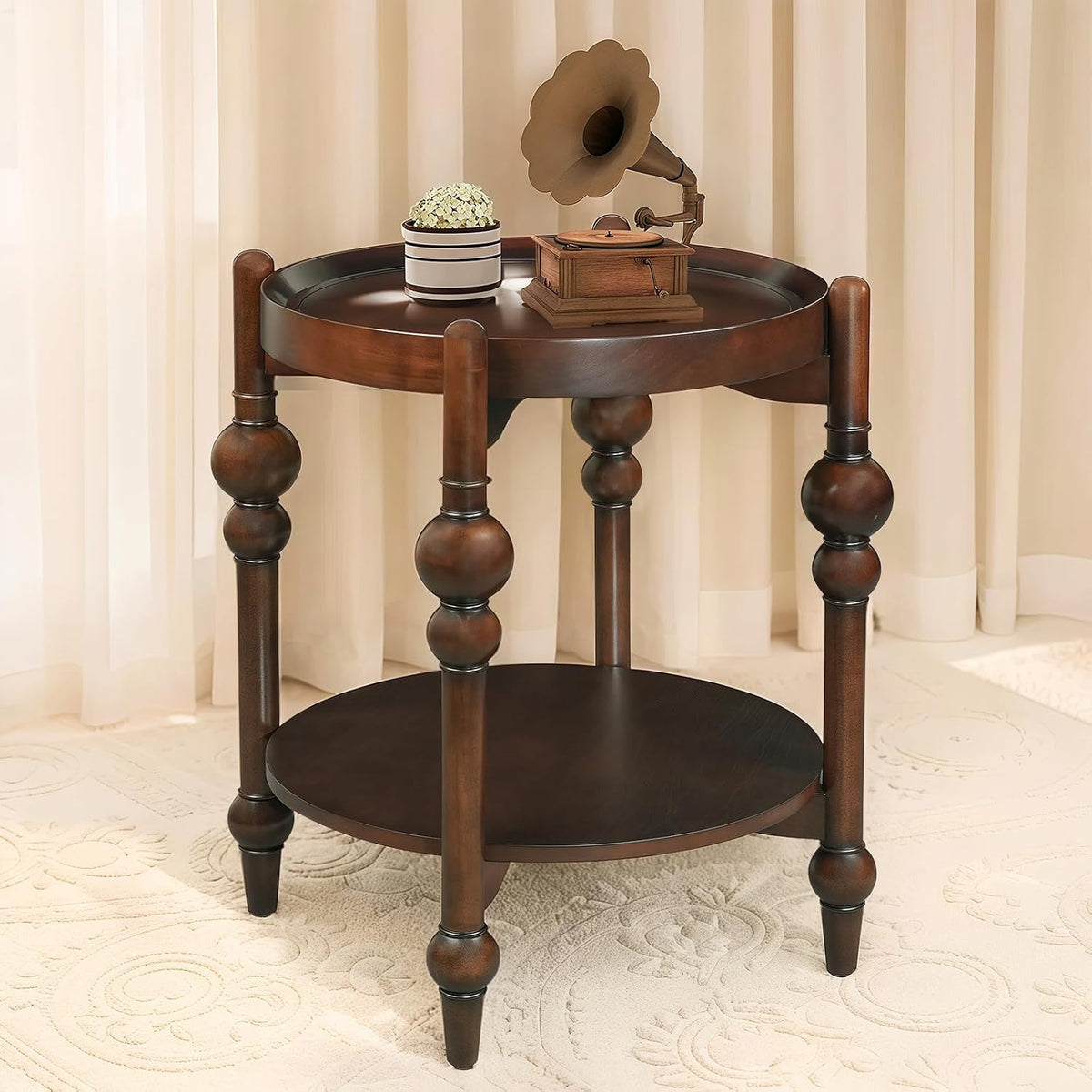 23" Round End Table with Solid Wood Frame, Small Side Table with Wood Shelf for Living Room Small Space Office Apartment, Walnut