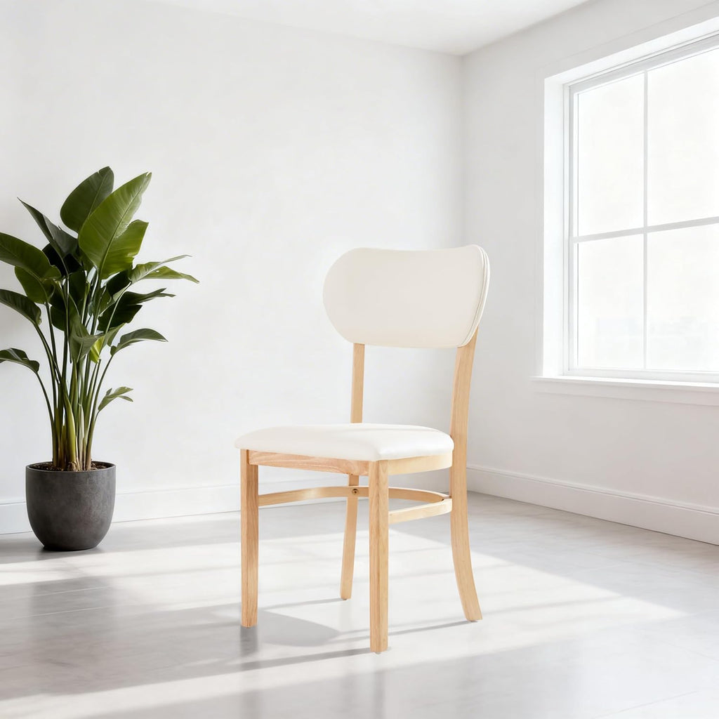 Livinia Tony Dining Chair Set of 2, Solid Malaysian Oak PU Leather Upholstered Cushion Seat, Rounded Back Side Chairs (Natural)