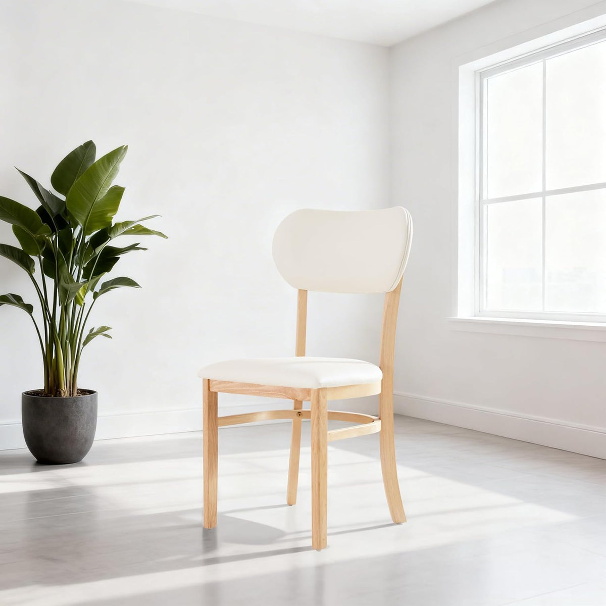 Livinia Tony Dining Chair Set of 2, Solid Malaysian Oak PU Leather Upholstered Cushion Seat, Rounded Back Side Chairs (Natural)
