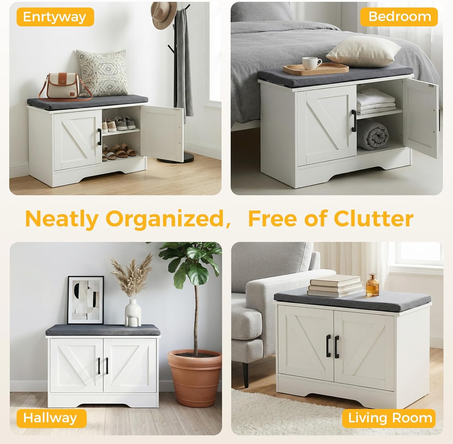 Shoe Bench 28" Wide, Entryway Bench with Padded Seat Cushion, Spacious Shoe Storage Benches with 2 Doors & Adjustable Shelf for Entryway, Bedroom, Living Room, White