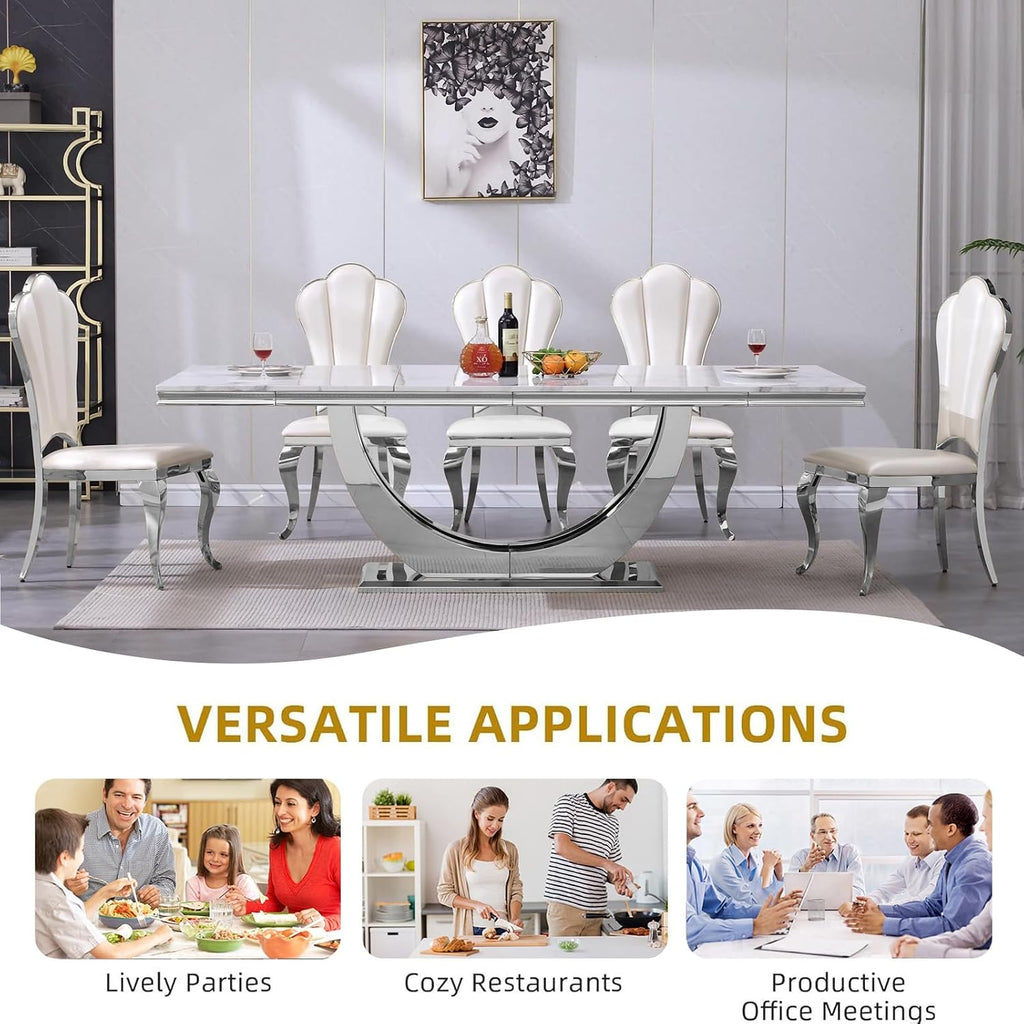 94.5" Large Dining Table for 10-12 People, Modern White Rectangle Kitchen Dinner Table w/Faux Marble Top&Silver Steel U-Base, Extral Long Dining Room Tables for Kitchen Living Room