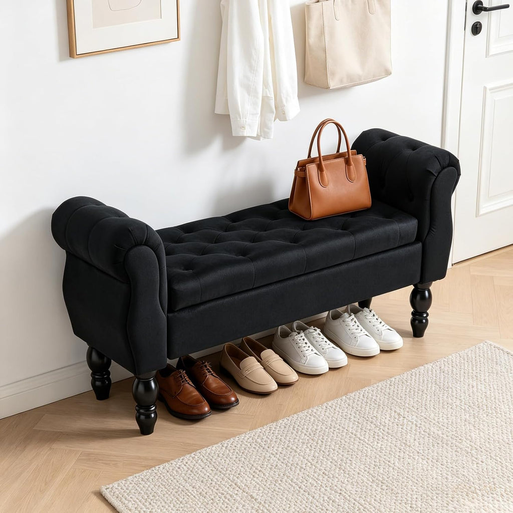 47″ Storage Bench with Arms End of Bed Bench,Velvet Entryway Bench with Storage, Button Tufted Upholstered Ottoman Bench Wood Legs, Window Sitting Bench for Bedroom/Living Room/Hallway, Black