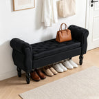 47″ Storage Bench with Arms End of Bed Bench,Velvet Entryway Bench with Storage, Button Tufted Upholstered Ottoman Bench Wood Legs, Window Sitting Bench for Bedroom/Living Room/Hallway, Black