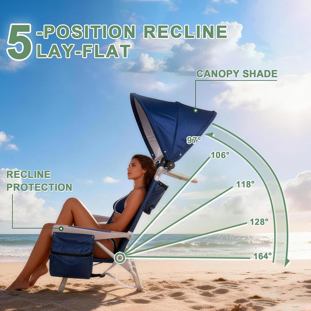Romswi Extra Wide Beach Chair with Canopy Shade, 1 Pack Aluminum Folding Chairs with Detachable & Adjustable Umbrella, 5-Position Lay Flat, Cooler Bag, Cup & Phone Holder, Towel Bar, Navy Blue