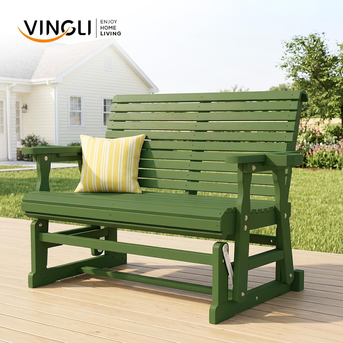 VINGLI Outdoor Glider Wood Patio Chair with Cup Holders, Outdoor Bench Glider Loveseat with Smooth Rocking Mechanism, Heavy Duty 800 LBS, Dark Green
