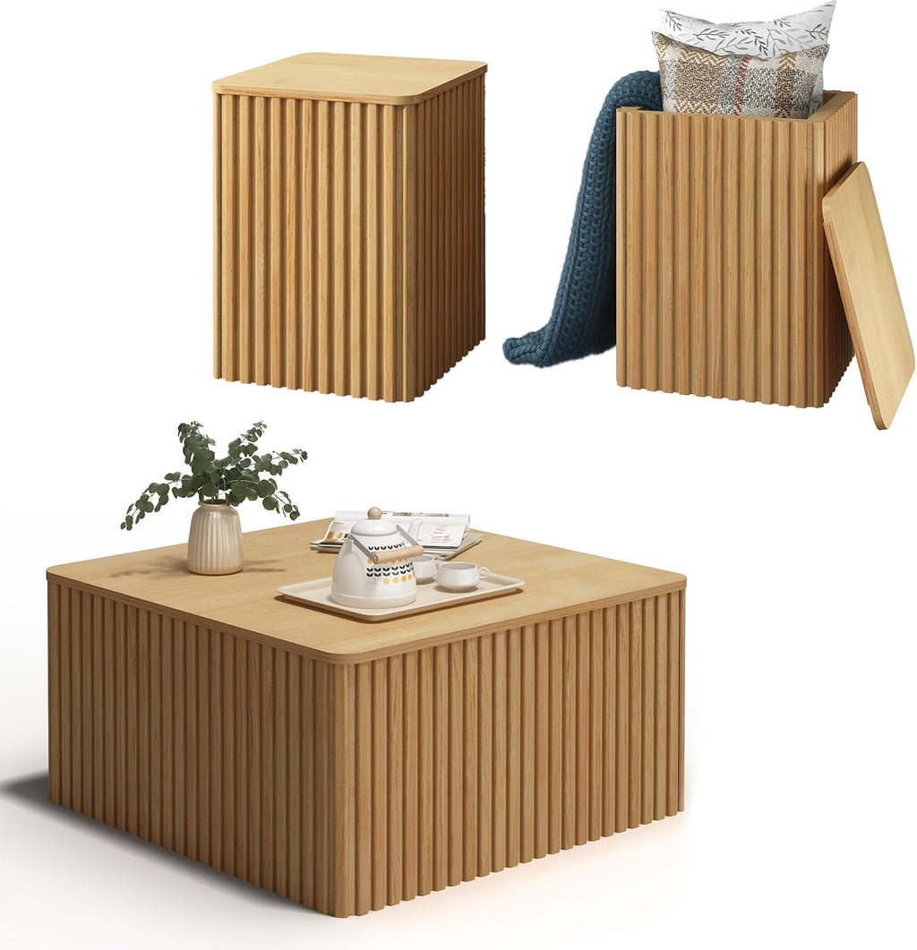 Fluted Coffee Table and End Table Sets-Living Room Square Tables with Large Storage, Mid Century Modern Wood Acccent Table Set of 3, Natural