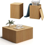 Fluted Coffee Table and End Table Sets-Living Room Square Tables with Large Storage, Mid Century Modern Wood Acccent Table Set of 3, Natural