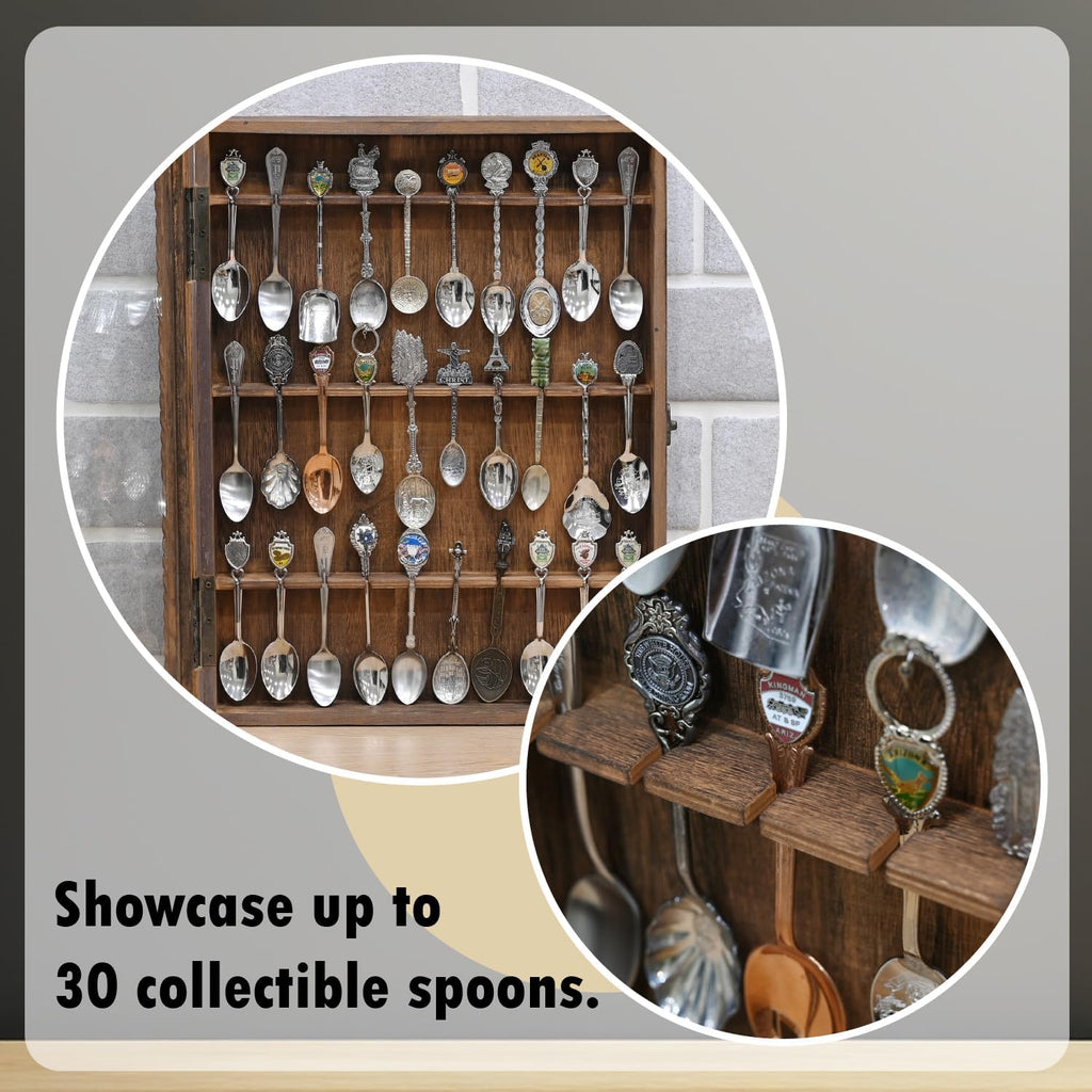 Ikee Design Wooden 30-Souvenir Spoon Display Case Cabinet, Wall-Mounted Tea Spoon Rack with Tempered Glass Door Suitable for Collection Display, Brown Color, 13.4W x 2.6D x 15.7H in