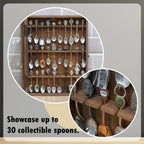 Ikee Design Wooden 30-Souvenir Spoon Display Case Cabinet, Wall-Mounted Tea Spoon Rack with Tempered Glass Door Suitable for Collection Display, Brown Color, 13.4W x 2.6D x 15.7H in