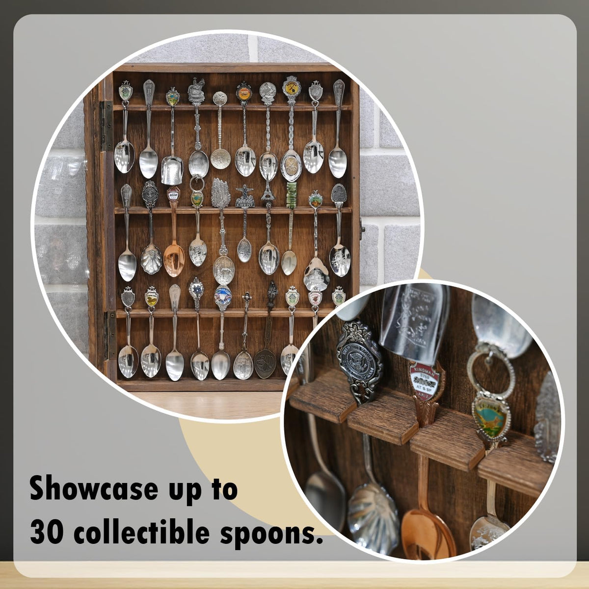 Ikee Design Wooden 30-Souvenir Spoon Display Case Cabinet, Wall-Mounted Tea Spoon Rack with Tempered Glass Door Suitable for Collection Display, Brown Color, 13.4W x 2.6D x 15.7H in