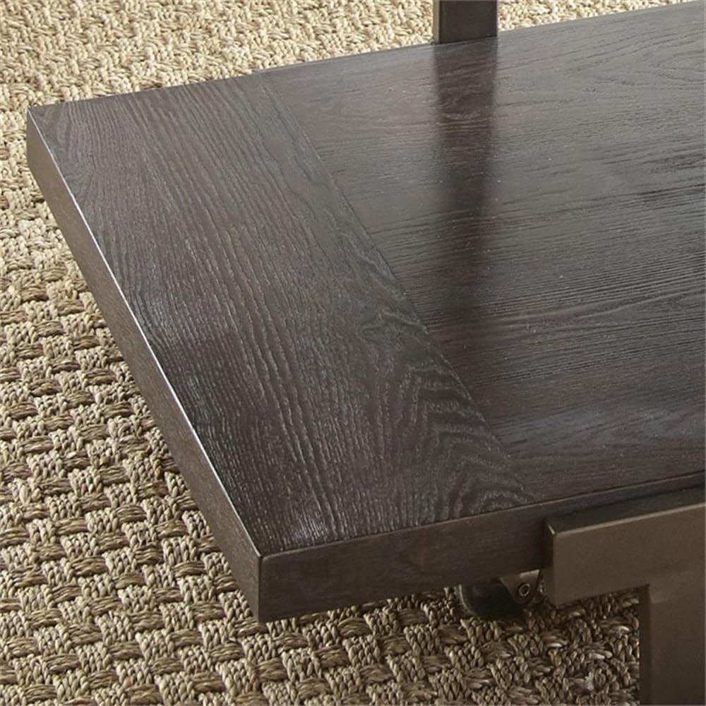 Pemberly Row Contemporary 3-Piece Coffee Table Set, Smoky Brown Finish, Ash Veneers, Tempered Glass Tops, Satin Brass Panels, Bottom Shelf Storage, Rustic Industrial Style Living Room Furniture
