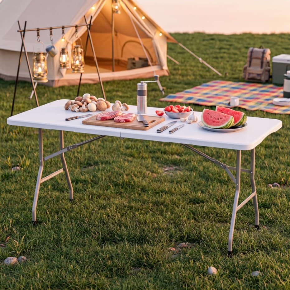 6ft Folding Table, Plastic Portable Table for Outdoor & Indoor, Heavy Duty Camping Table with Carrying Handle, Lightweight for Picnic, BBQ, Party, Garage (Grey)