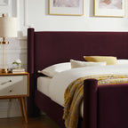 Modway Rael Queen Platform Bed Frame with Upholstered Headboard and Footboard in Mulberry – Stain-Resistant Performance Velvet Queen Size Bed with Rounded Posts