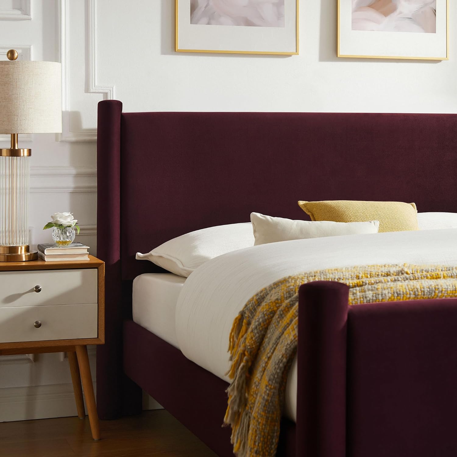Modway Rael Queen Platform Bed Frame with Upholstered Headboard and Footboard in Mulberry – Stain-Resistant Performance Velvet Queen Size Bed with Rounded Posts