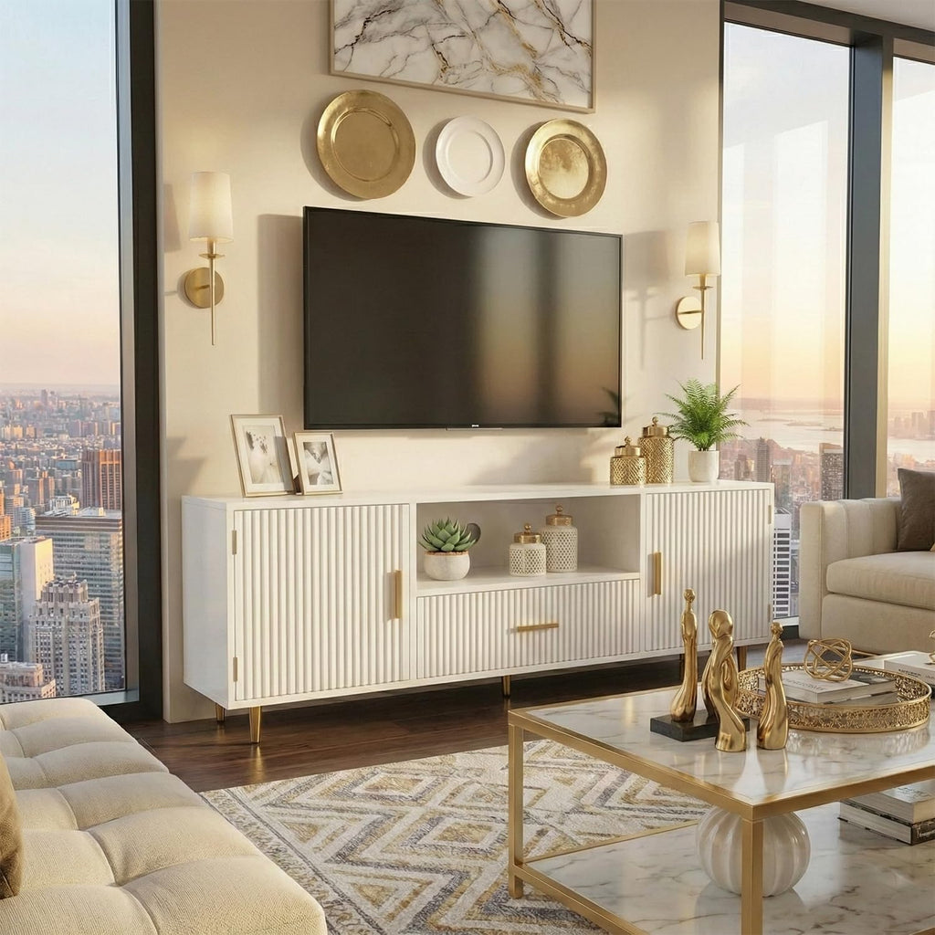 DIYART Modern Fluted TV Stand for 55/60/65 Inch TV, 57" Entertainment Center Media Console Table with Drawer & Storage Cabinets, Ribbed Design TV Cabinet Credenza for Living Room, White