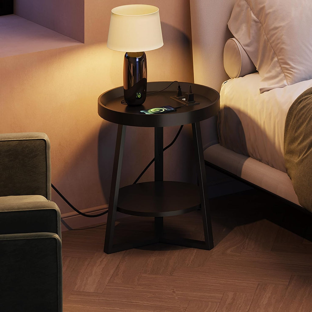 WLIVE Small Round Side Table with Charging Station, Round Coffee Table, 2 Tier End Table for Living Room/Bedroom, Sofa Couch, Easy to Assemble, Wood Tabletop & Metal Frame, Black
