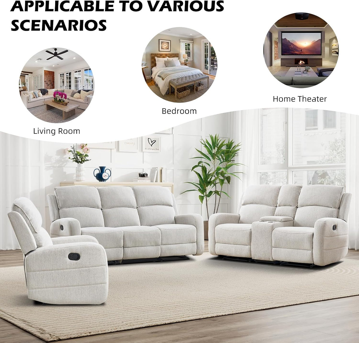 EBELLO Manual Living Room Furniture Reclining Couch Set, Soft Fabric Loveseat Recliner Sofa for Meeting Room, Overstuffed Backrest and Armrest (Loveseat)