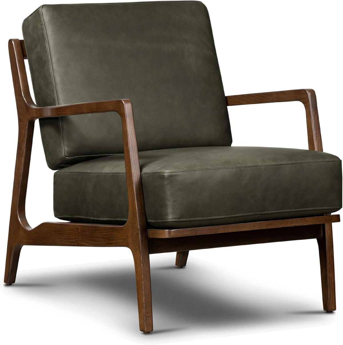 Poly & Bark Verity Leather Accent Chair – Armchair with Walnut Wood Frame – Fashion-Forward Lounge Seating for Living Room – Upholstered in Olivine Green Leather for Modern Style