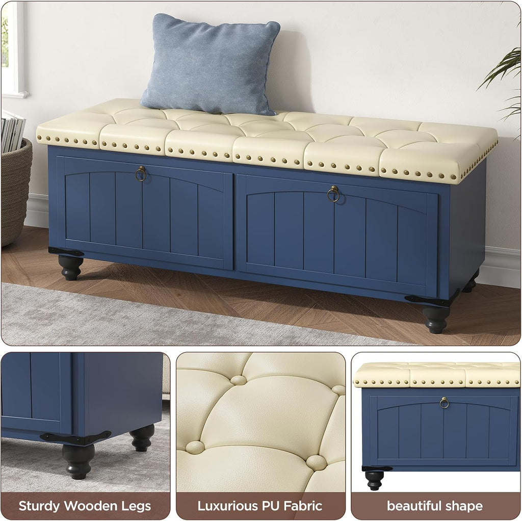 Maupvit Ottoman with Storage, Wooden Storage Ottoman Bench with Safety Hinge, Upholstered Entryway Bench with Cushioned Seat, Bench Bedroom Bench for Living Room, Entryway, Blue