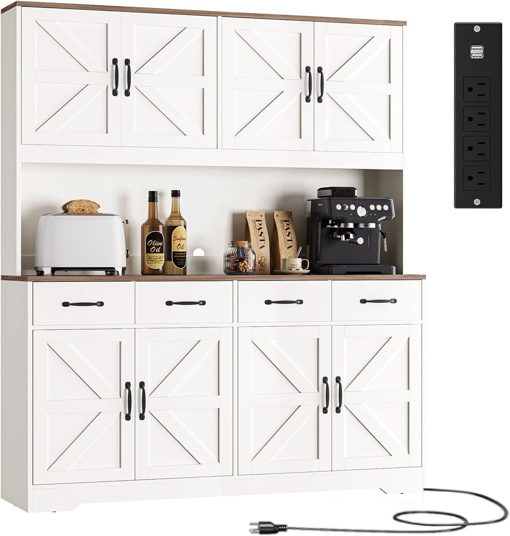 71'' Tall Pantry Cabinet with Charging Station, Large Modern Pantry Storage Cabinet with Adjustable Shelves, 4 Drawers & 4 Cabinets, 41'' Wide Kitchen Hutch with Countertop for Dining Room, White