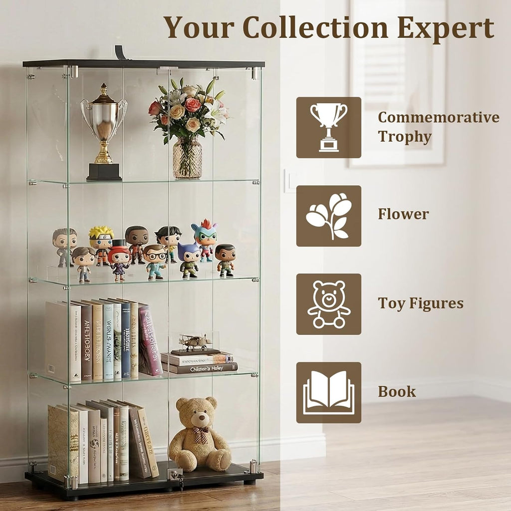 BEAUTYPEAK Tempered Glass Display Cabinet, Double Door, Black