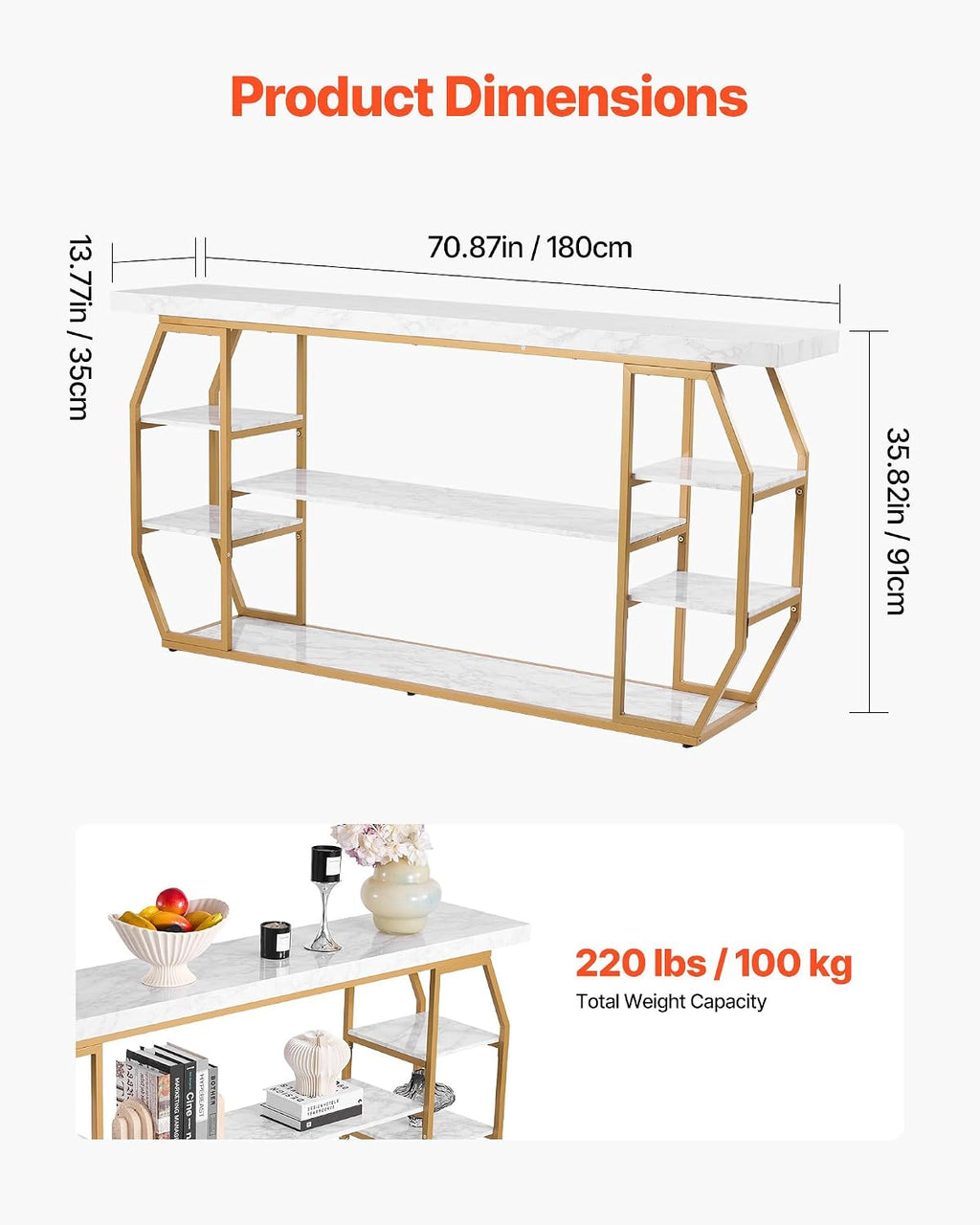 VEVOR Marble Console Table, 3 Tiers Modern Console Table for Open Storage, Golden Geometric Table with Iron Tubes, Anti-Tip Device and Triangular Support for Living Room, Hallway, Entryway