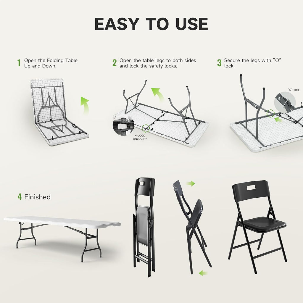 8FT Folding Table Set with 10 Chairs – Heavy-Duty 660 lb Table & 330 lb Chairs, Portable Folding Furniture Bundle for Camping, Parties, Indoor & Outdoor Use