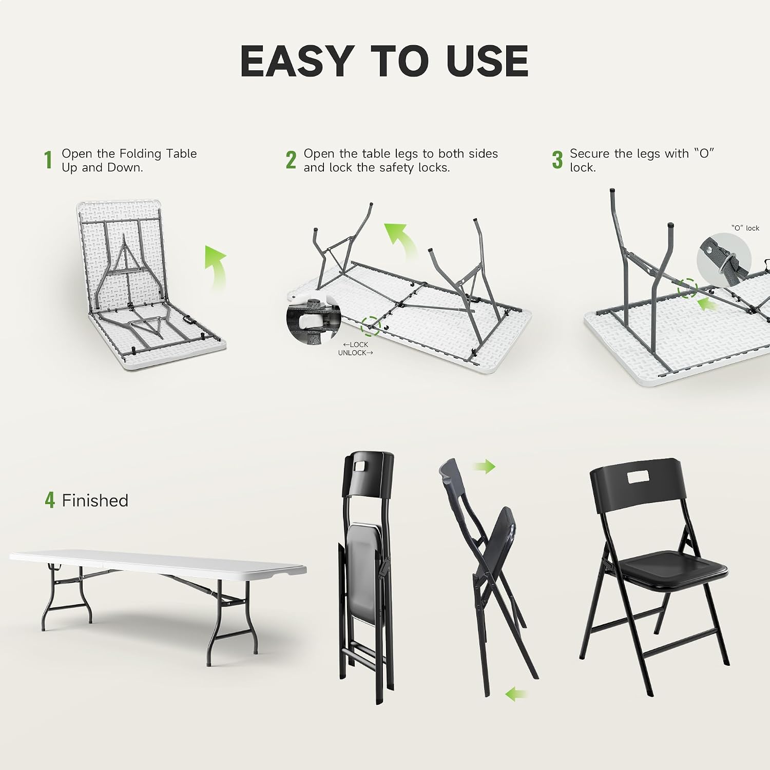 8FT Folding Table Set with 10 Chairs – Heavy-Duty 660 lb Table & 330 lb Chairs, Portable Folding Furniture Bundle for Camping, Parties, Indoor & Outdoor Use