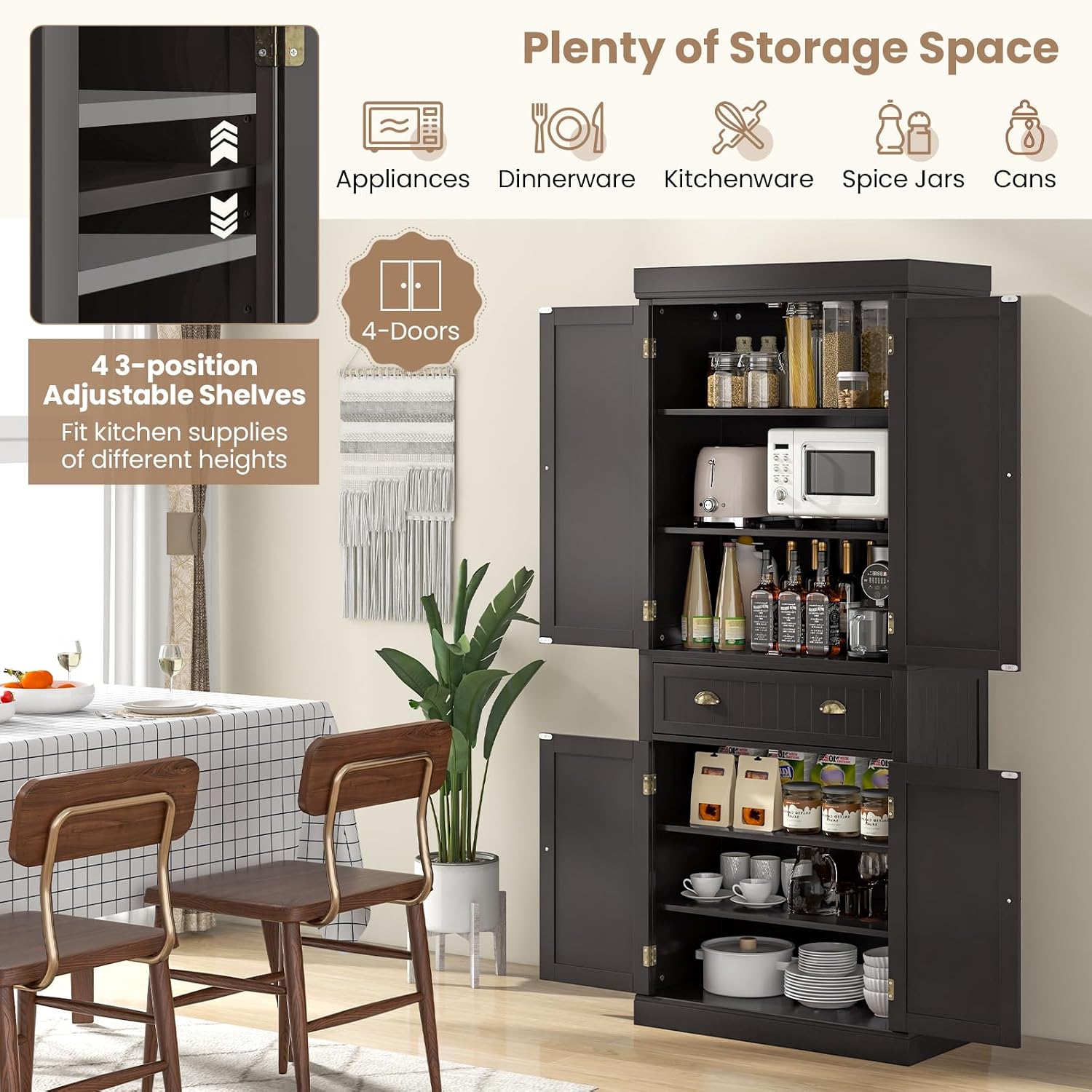 Tangkula 72" H Kitchen Pantry Cupboard Cabinet, Traditional Freestanding Large Tall Storage Cabinet with 2 Cabinets and Drawer, Adjustable Shelves, for Living Room Kitchen, 30 x 16 x 72 Inch