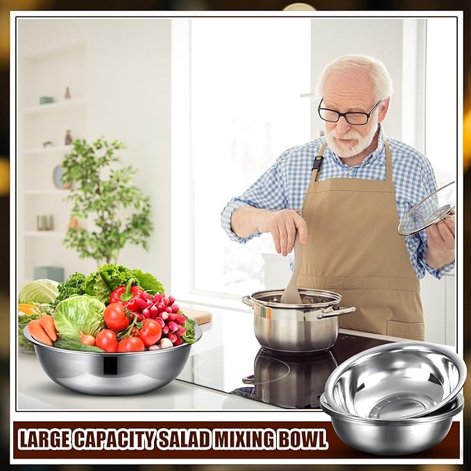 Nuogo 8 Pcs Stainless Steel Mixing Bowls Metal Mixing Bowls Extra Large Basin Salad Basin Deeper Edge Dishwasher Safe Mirror Finish for Home and Commercial, Silver (16 Inch 13 Qt)