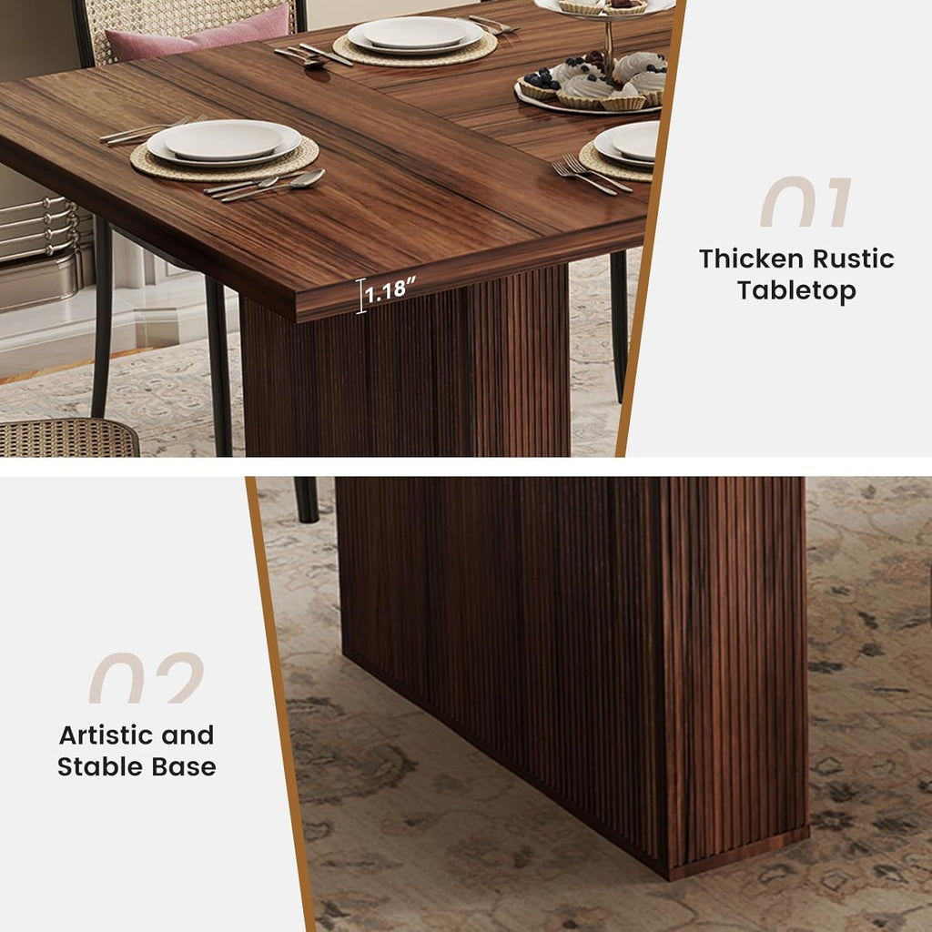 Miereirl 78 Inch Rectangular Dining Table for 6-8 People, Large Modern Farmhouse Kitchen Table with Grooved Wood-Strip Base, Perfect for Dining Room or Family Gathering, Walnut