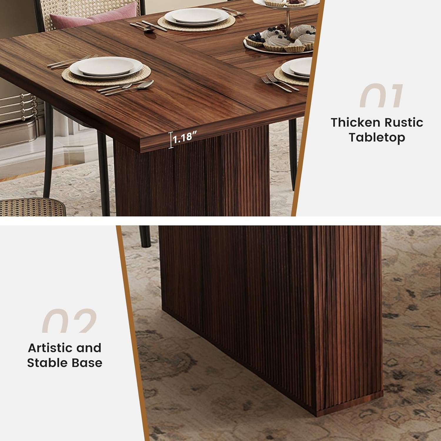Miereirl 78 Inch Rectangular Dining Table for 6-8 People, Large Modern Farmhouse Kitchen Table with Grooved Wood-Strip Base, Perfect for Dining Room or Family Gathering, Walnut