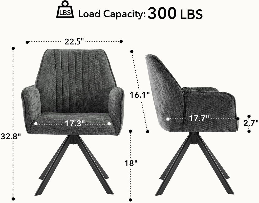Furniliving Swivel Dining Chairs Set of 2, Upholstered Dining Room Chairs with Arms, 360° Swivel Dining Chairs with Metal Frame, Modern Kitchen Chairs for Lounge, Chenille, Darkgrey