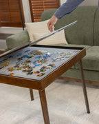 Stakmore Folding Puzzle Table, Espresso Wood, Felt Interior Fabric, Removable Top Storage, Space-Saving Design