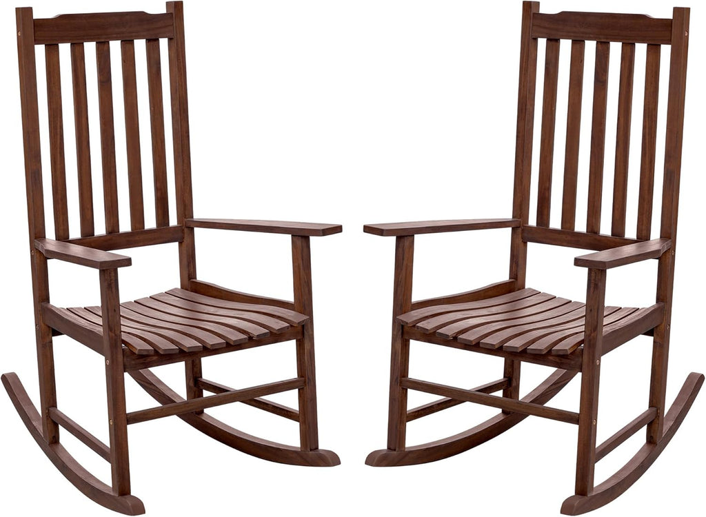 Flamaker Acacia Wood Outdoor Rocking Chairs Set of 2 (Brown) | High Back and Widen Armrest Rocking Chair Outdoor, Solid Rocking Chairs for Lawn, Garden, Backyard