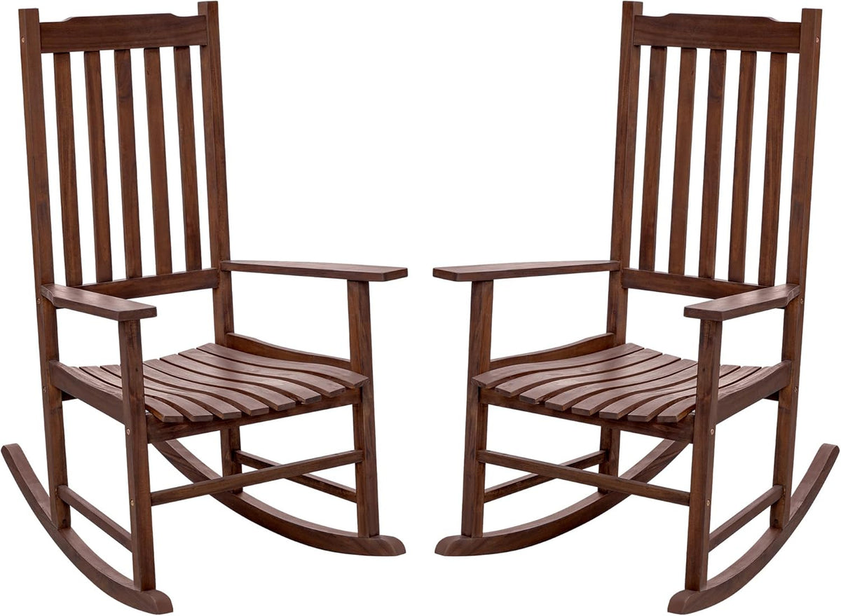 Flamaker Acacia Wood Outdoor Rocking Chairs Set of 2 (Brown) | High Back and Widen Armrest Rocking Chair Outdoor, Solid Rocking Chairs for Lawn, Garden, Backyard