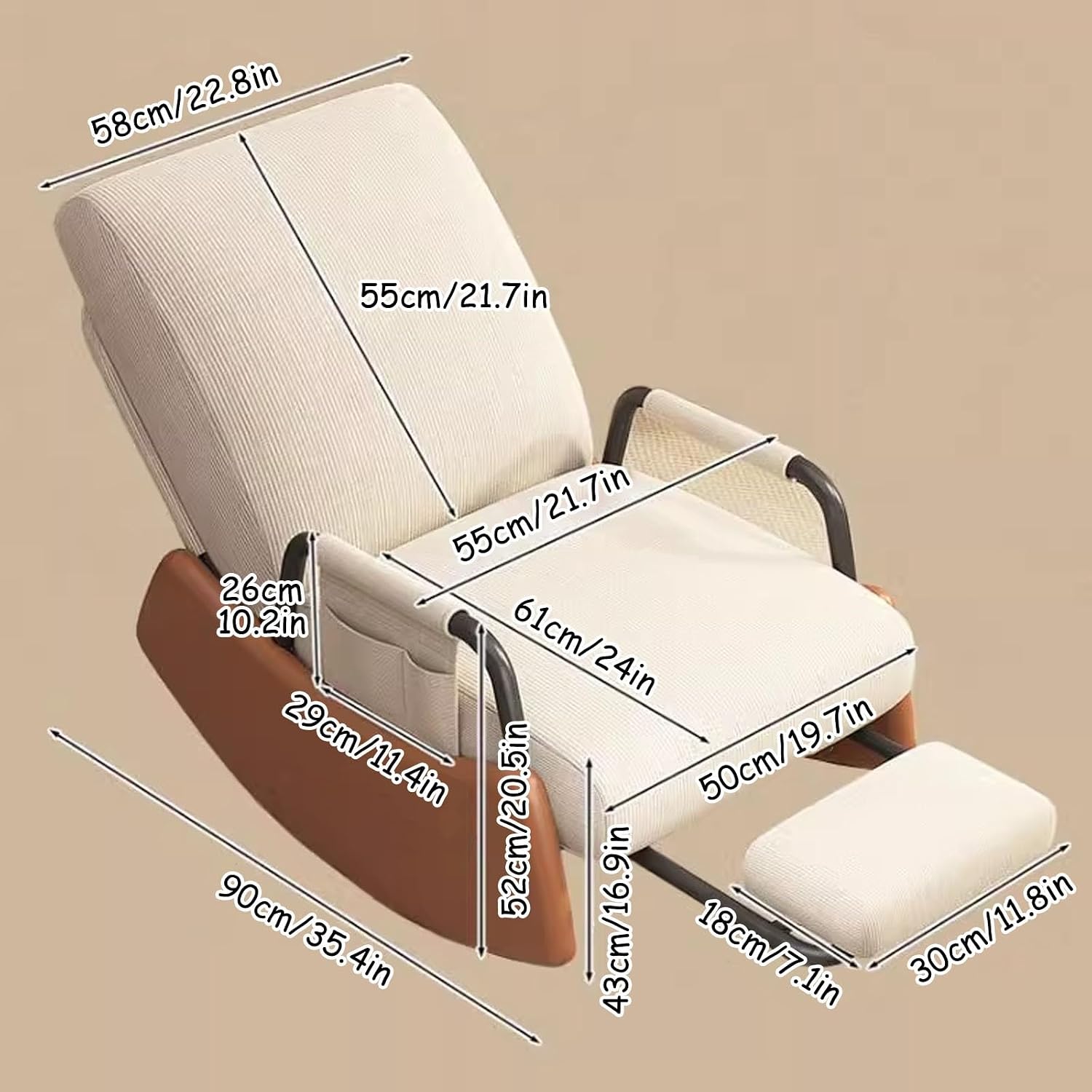 Rocking Chair with Side Bags, Adjustable Backrest Recliner Armchairs, Wide Accent Chair with Retractable Pedals, for Offices, Cafes, Reception Rooms