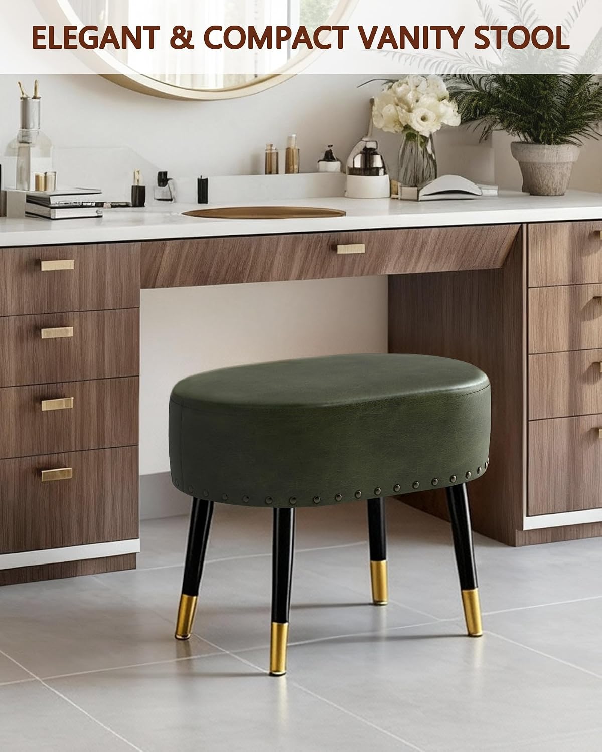 LITZFUR Vintage Vanity Stool Chair, Leather Foot Rest Stool, Green | Oval Ottoman with Metal Legs, Rivet Stool, Padded Seat for Makeup Room, Living Room, Bedroom, 17.7''L x 11.8''W x 15.7''H